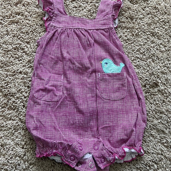 Just One You by Carter’s Purple & White Romper with Front Pockets and Blue Bird - Picture 1 of 2